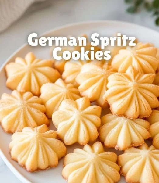 Plate of delicious homemade German Spritz Cookies with colorful sprinkles.
