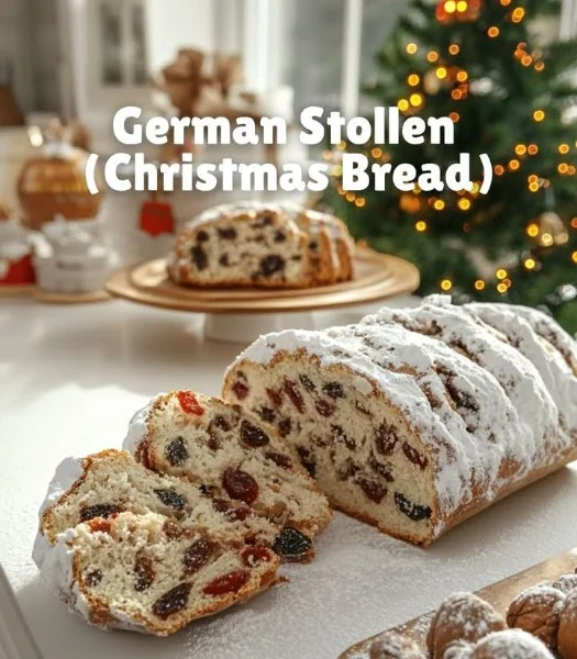 Traditional German Stollen Christmas bread with fruits and spices