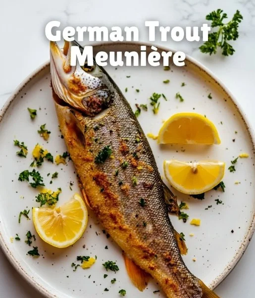 Plate of German Trout Meunière garnished with herbs and lemon.