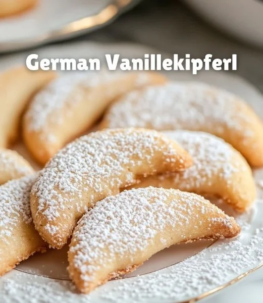 Delicious German Vanilla Crescent Cookies dusted with powdered sugar.