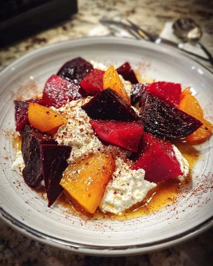 Plate of glazed beets with whipped goat cheese and spiced maple drizzle