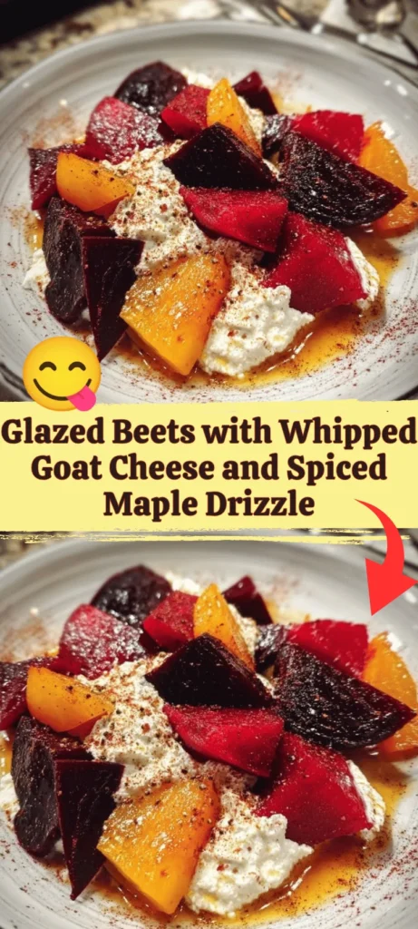 Plate of glazed beets with whipped goat cheese and spiced maple drizzle.