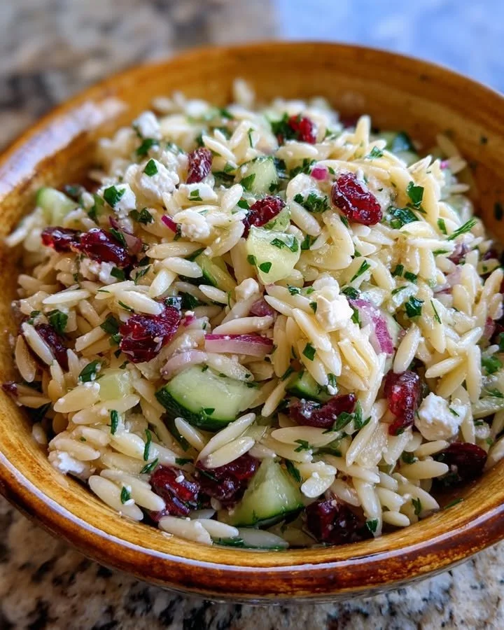 Goat Cheese Orzo Salad with Cranberries and Lemon Vinaigrette