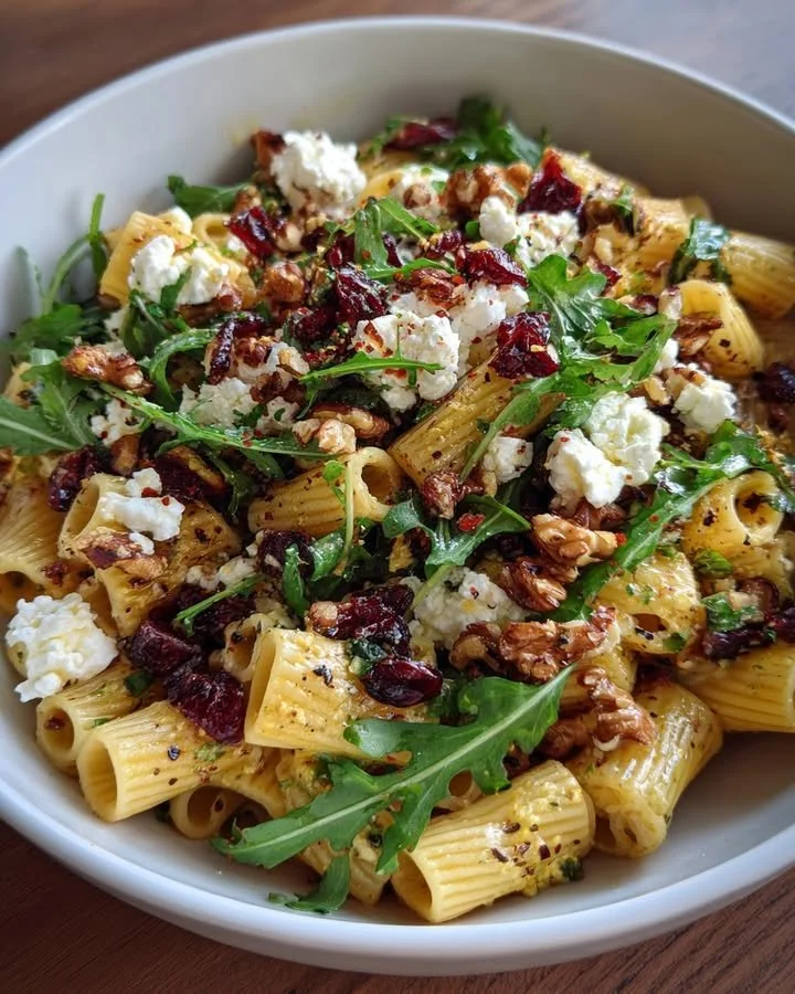 Goat Cheese Rigatoni Salad with cranberries and lemon vinaigrette in a bowl.