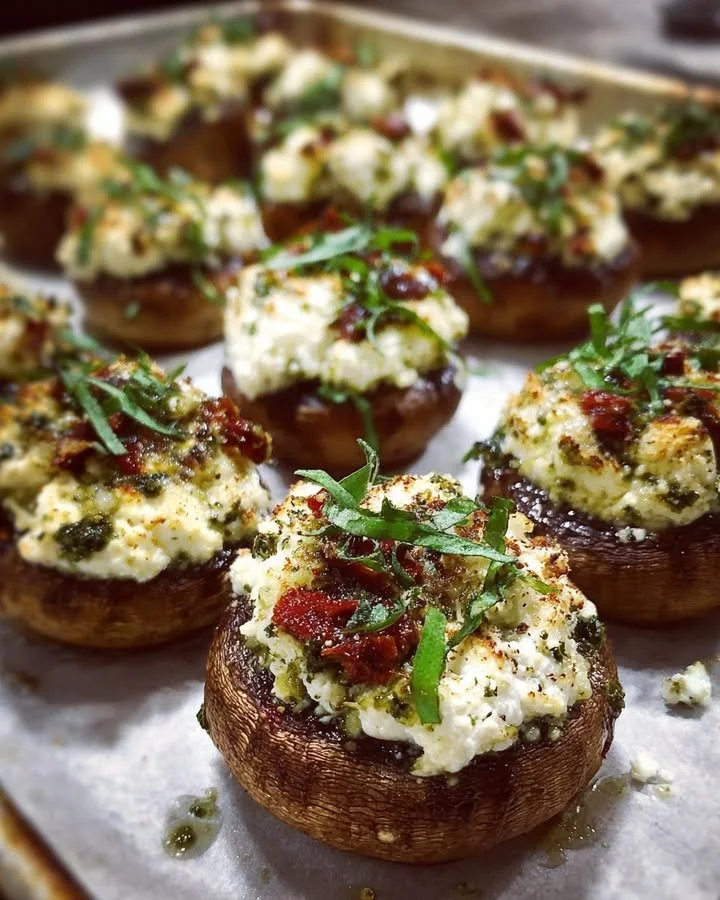 Goat cheese and sun-dried tomato stuffed mushrooms topped with pesto