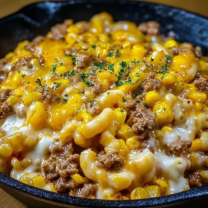 Golden Corn Ranch Beef Skillet topped with melted cheddar cheese in a skillet.