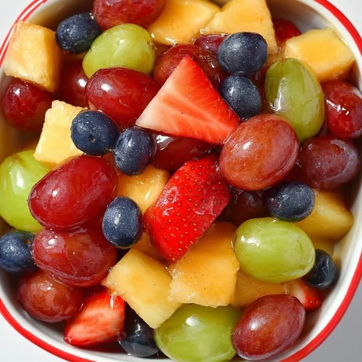 Colorful bowl of Grape Berry Fruit Salad with fresh grapes, blueberries, and strawberries.