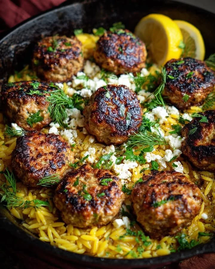 Plate of Greek Chicken Meatballs served with lemon orzo and fresh herbs.