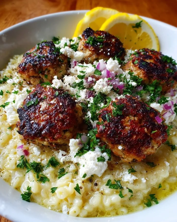 Greek chicken meatballs with lemon pasta dish garnished with herbs.