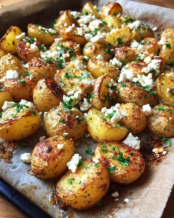 Greek feta roast potatoes seasoned and ready to serve.