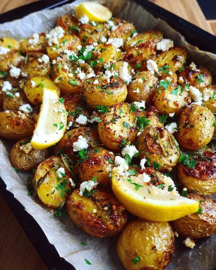Greek feta roast potatoes served in a rustic bowl garnished with herbs.