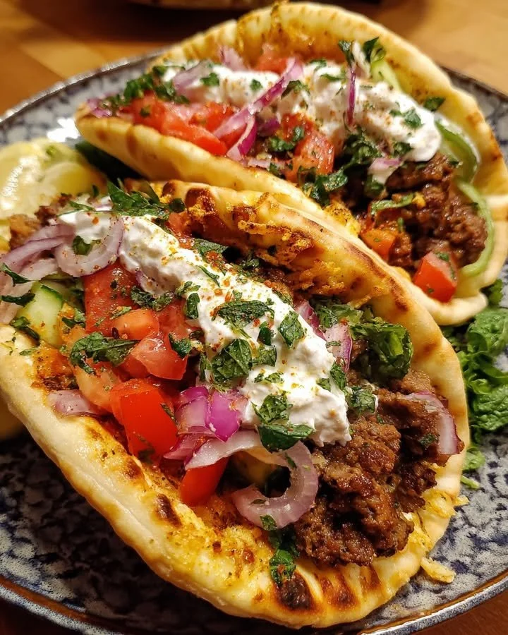 Delicious Greek Meat Pita Pockets filled with seasoned meat and fresh vegetables