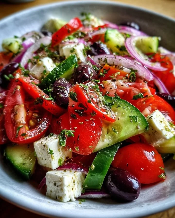 Colorful Greek Salad with tomatoes, cucumbers, olives, and feta cheese