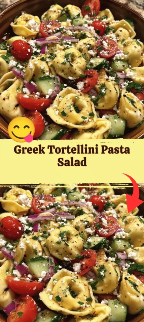 Delicious Greek tortellini pasta salad with fresh vegetables and dressing