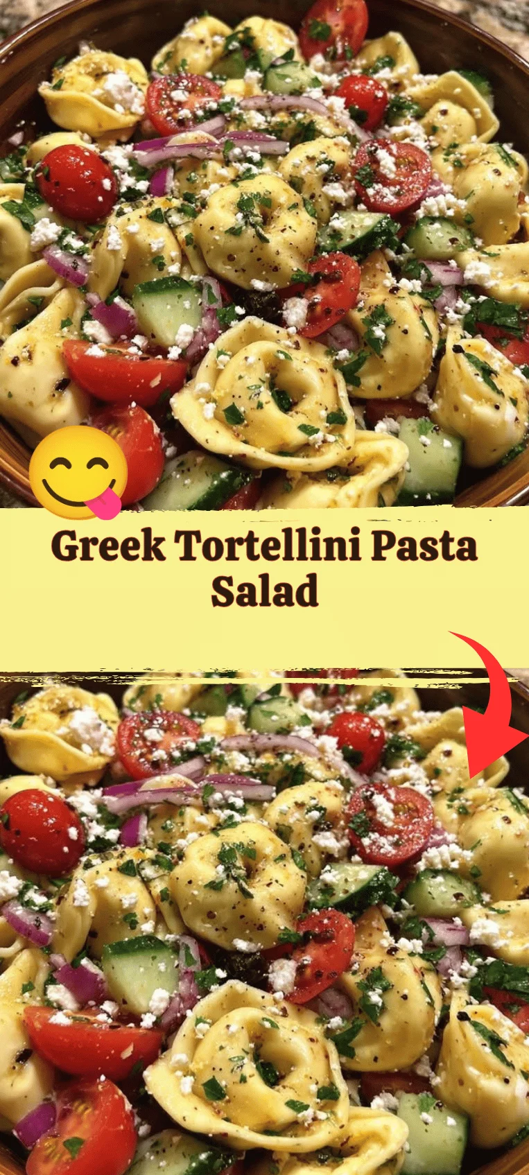 Delicious Greek tortellini pasta salad with fresh vegetables and dressing