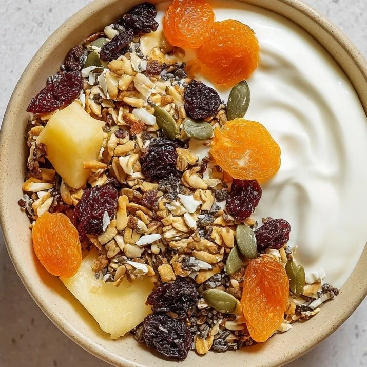 Healthy Greek Yogurt Bowl topped with dried fruits and seeds
