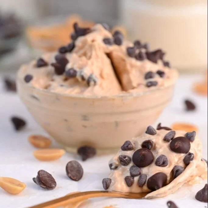 Bowl of Greek Yogurt Cookie Dough with chocolate chips and nuts