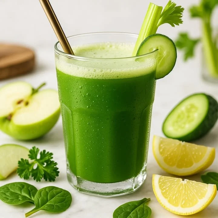 Fresh green detox juice made with kale, cucumber, and apple