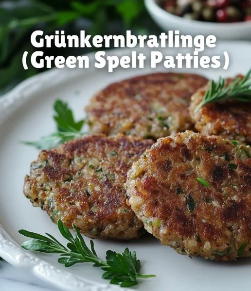 A plate of homemade green spelt patties garnished with fresh herbs.
