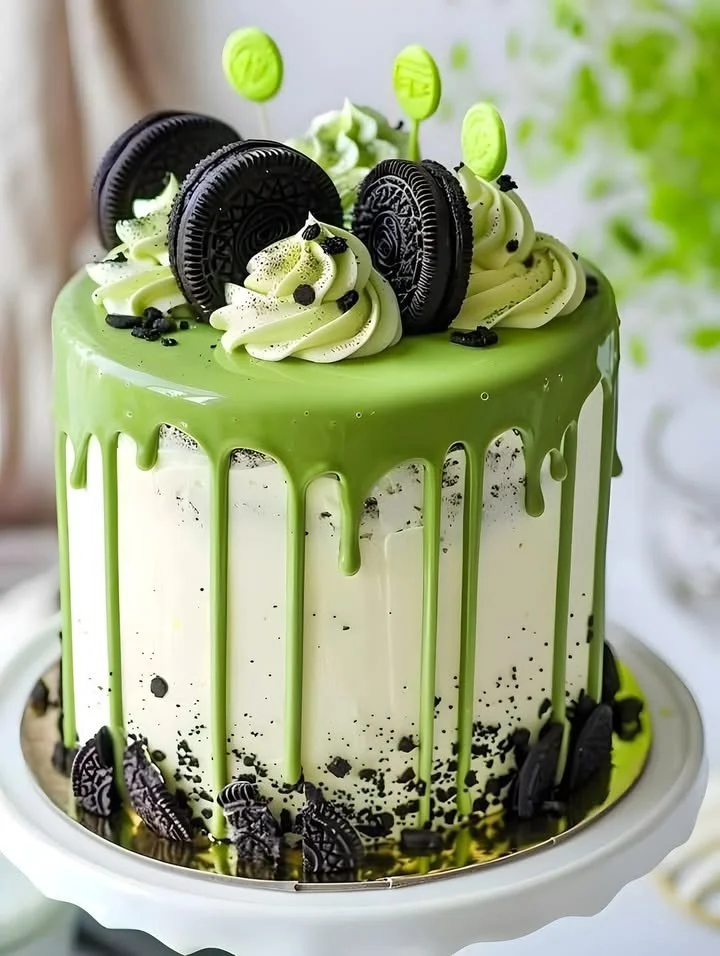 Green Velvet Oreo Cheesecake with creamy layers and Oreo cookie crust