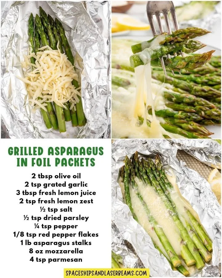 Grilled asparagus in foil, ready to serve fresh off the grill.