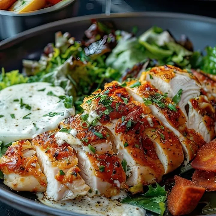 Grilled chicken breast served with salad and creamy herb sauce on a plate.