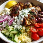 Grilled chicken gyro bowl with fresh veggies and tzatziki sauce