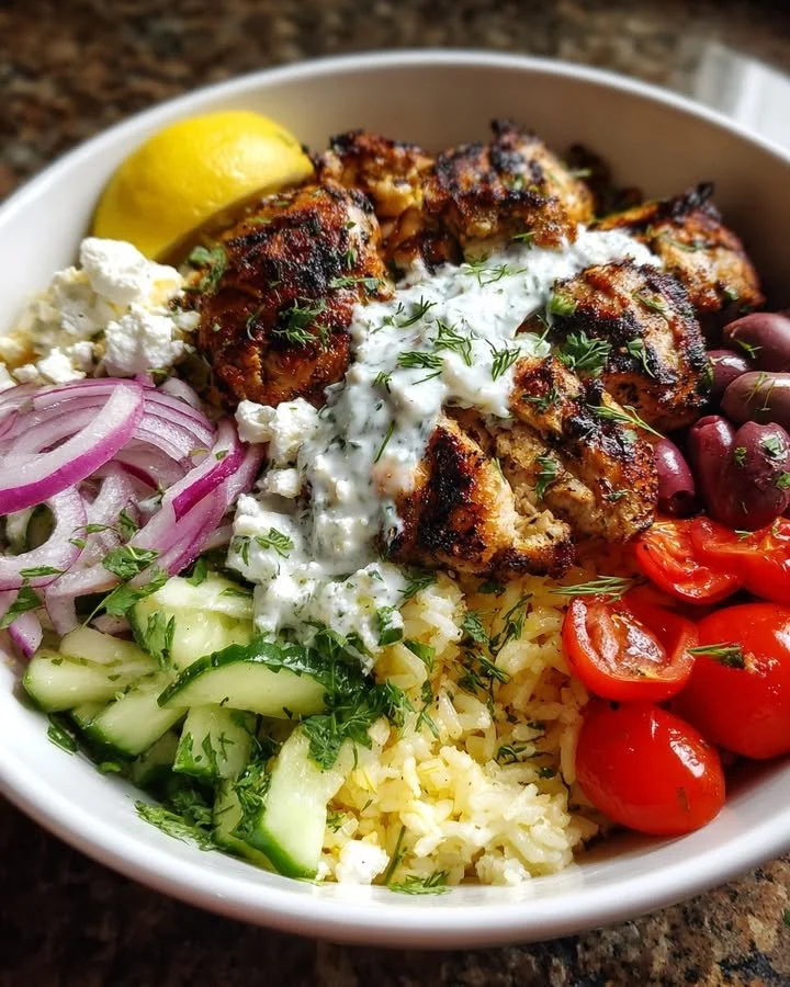 Grilled chicken gyro bowl with fresh veggies and tzatziki sauce