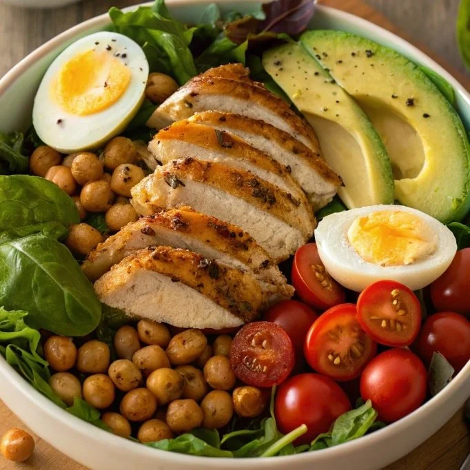 Delicious Grilled Chicken Power Bowl filled with veggies and grains