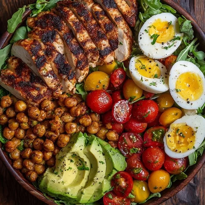 Delicious grilled chicken power bowl with fresh vegetables and grains