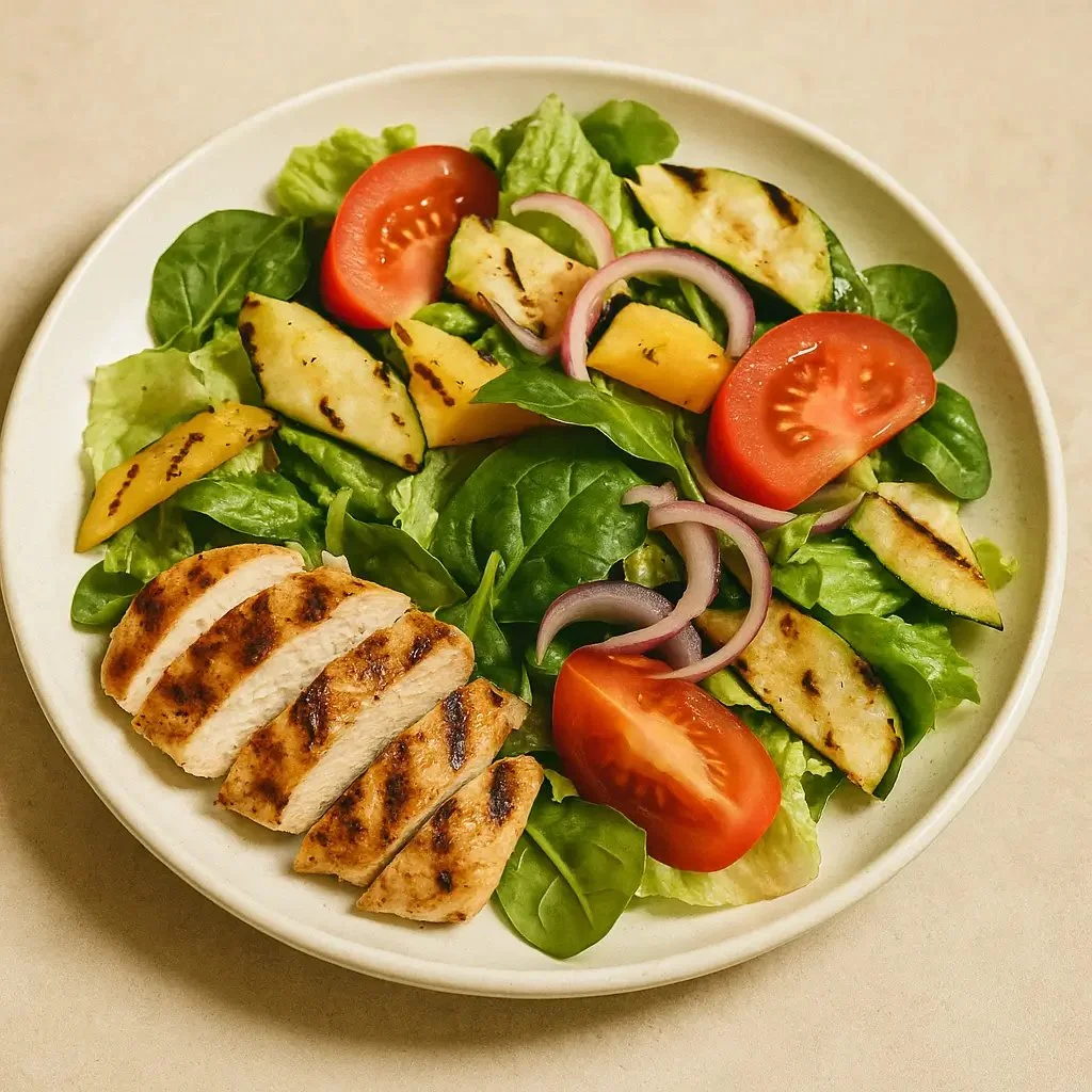 Delicious grilled chicken salad with fresh vegetables and dressing