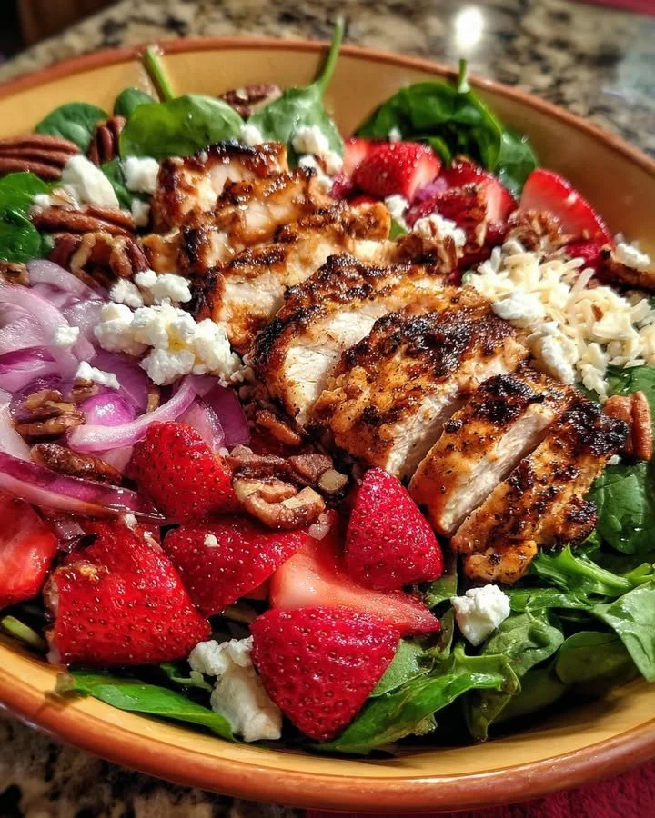 Delicious Grilled Chicken Strawberry Pecan Salad with vibrant colors and fresh ingredients.