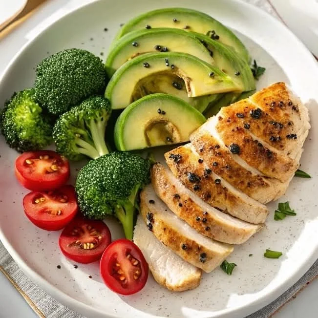 Grilled chicken bowl topped with avocado and assorted vegetables