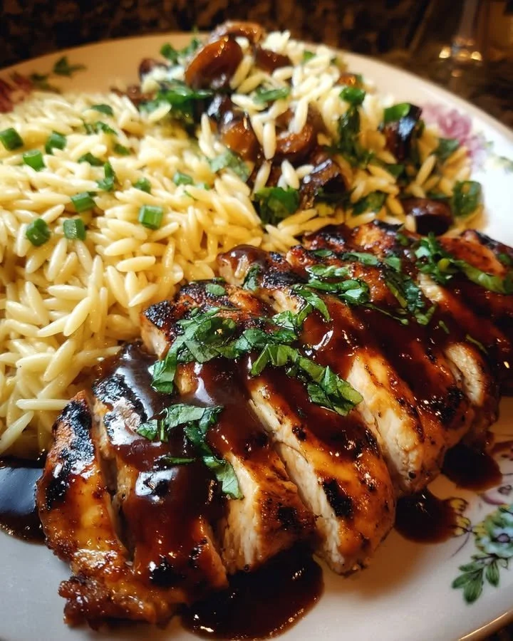 Grilled chicken with fig and balsamic glaze served with lemon herb orzo salad