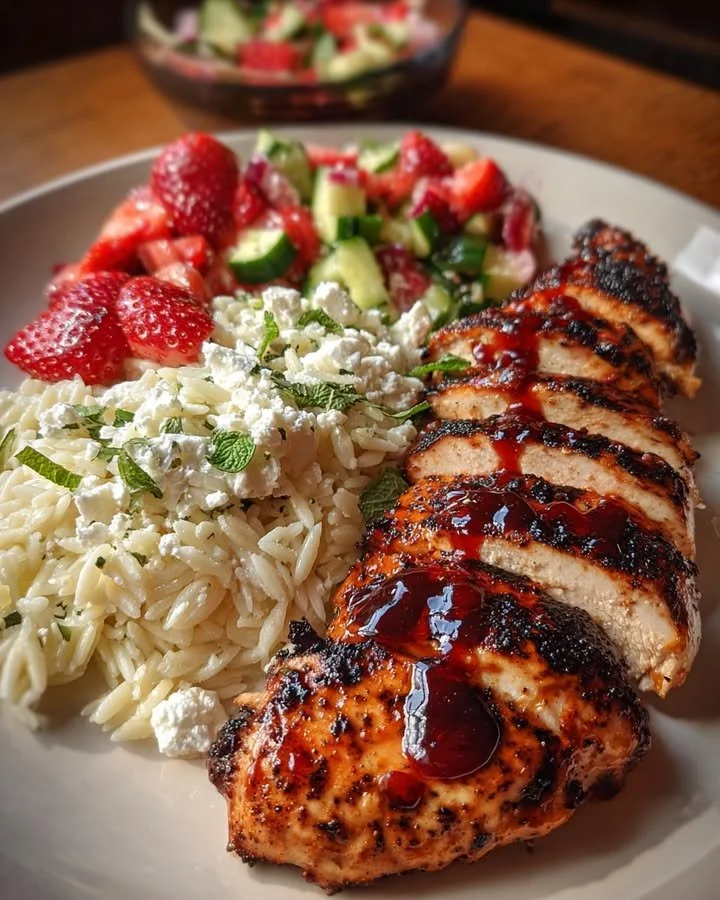 Grilled chicken with strawberry balsamic glaze and ricotta salata orzo salad