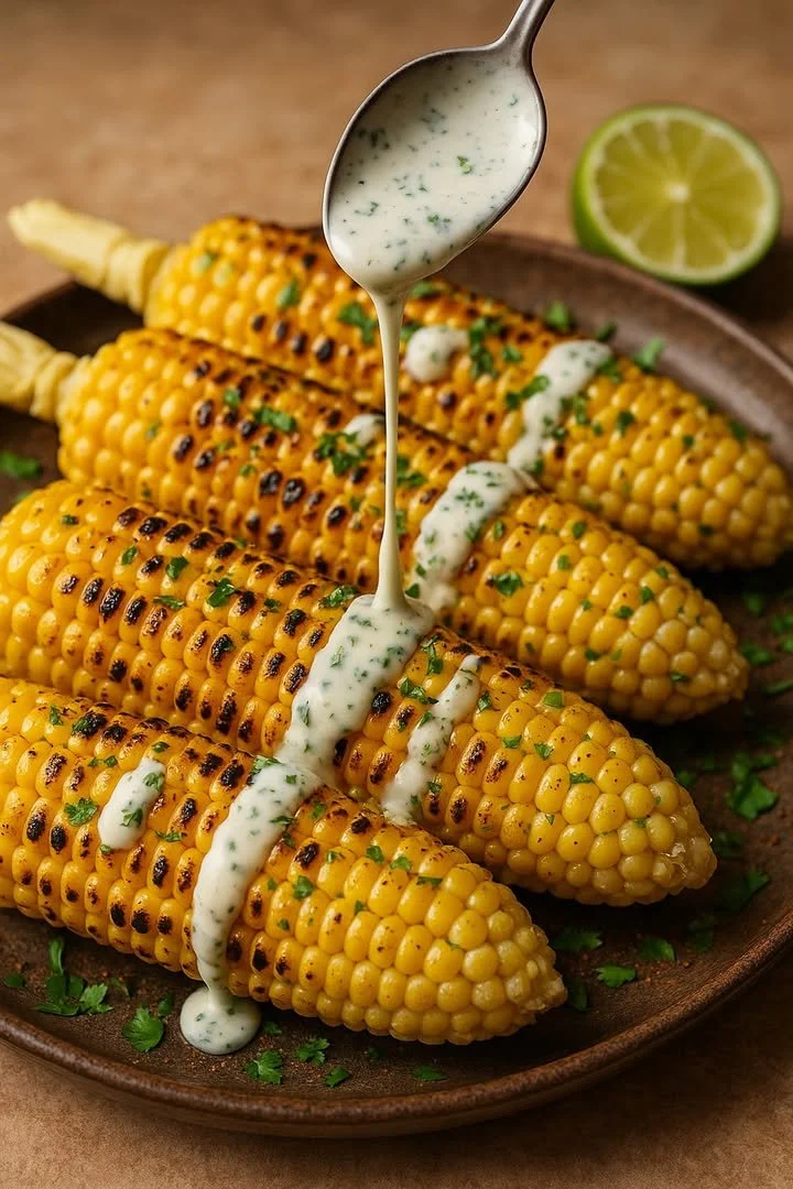 Delicious grilled corn topped with spicy cilantro-lime crema on the barbecue grill.