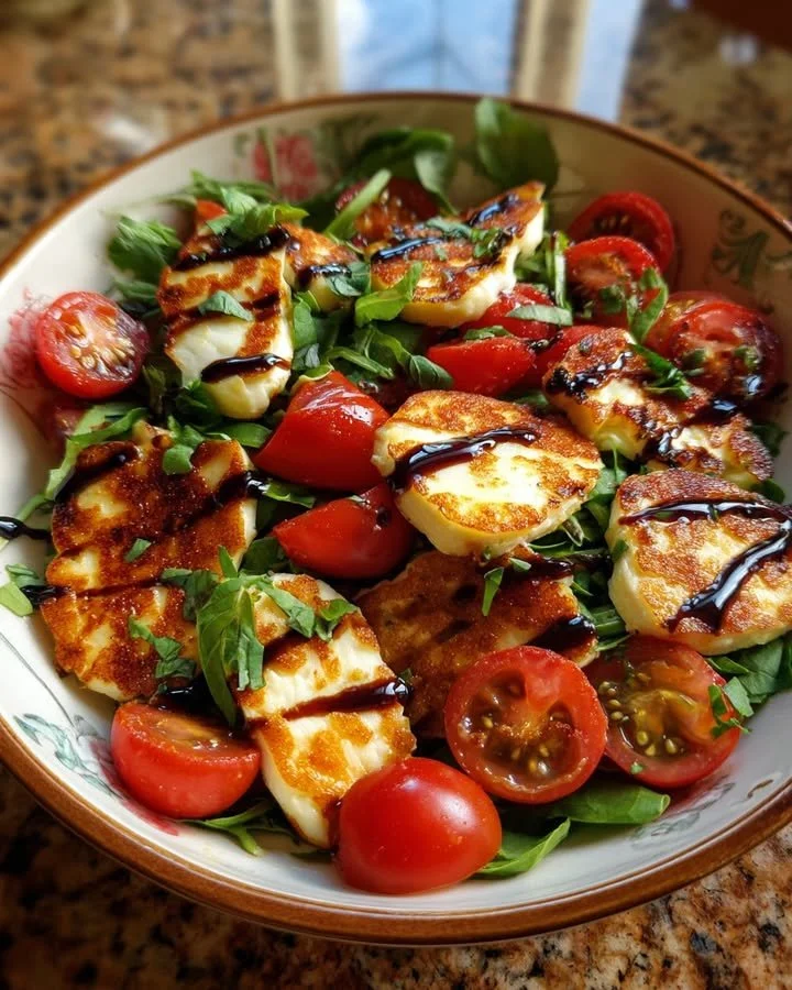 Grilled Halloumi and Tomato Salad garnished with fresh herbs