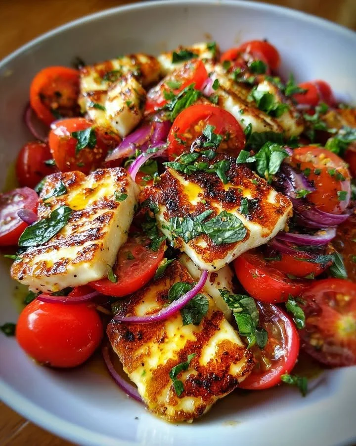 Grilled halloumi and tomato salad served on a plate for summer meals.