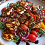 Delicious Grilled Halloumi Salad with fresh tomatoes for summer meals