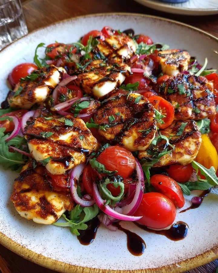 Delicious Grilled Halloumi Salad with fresh tomatoes for summer meals