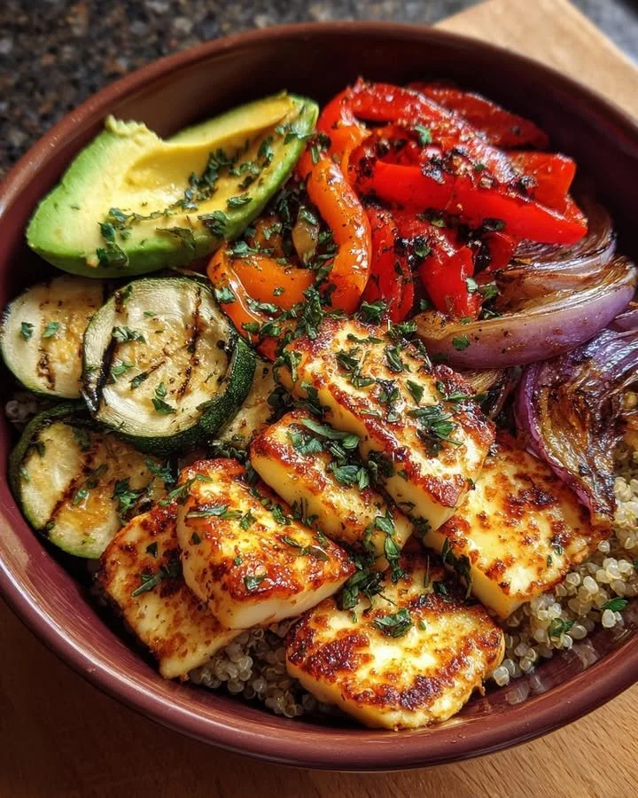 Grilled Halloumi Veggie Bowl with fresh vegetables and vibrant toppings