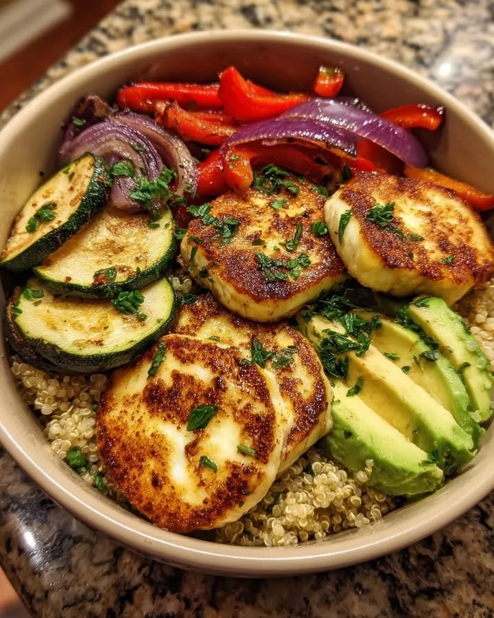 Grilled halloumi veggie bowl with colorful vegetables and herbs