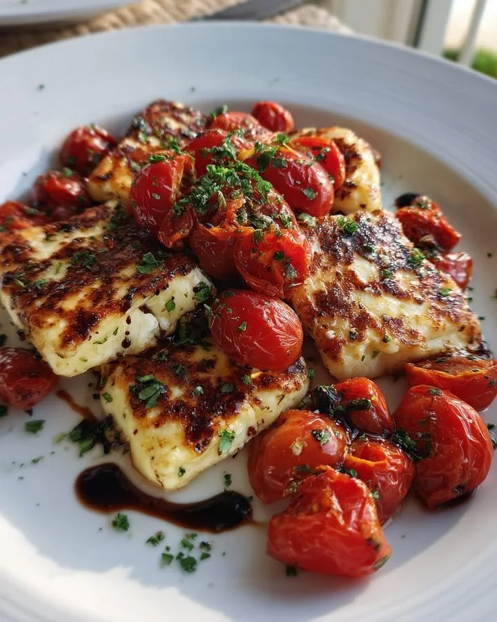 Grilled halloumi served with fresh tomatoes, a vibrant summer dish.