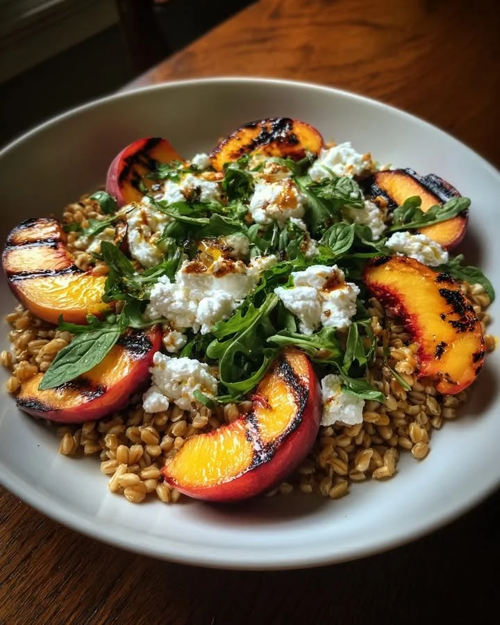 Grilled nectarine and ricotta salad served on a plate with farro grains