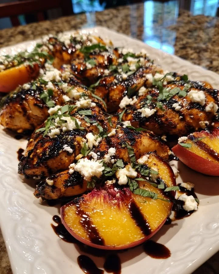 Grilled chicken topped with peaches, balsamic glaze, and feta cheese.