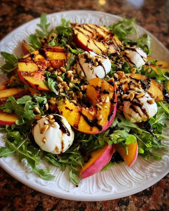 Grilled Peach & Burrata Arugula Salad with vibrant colors and fresh ingredients