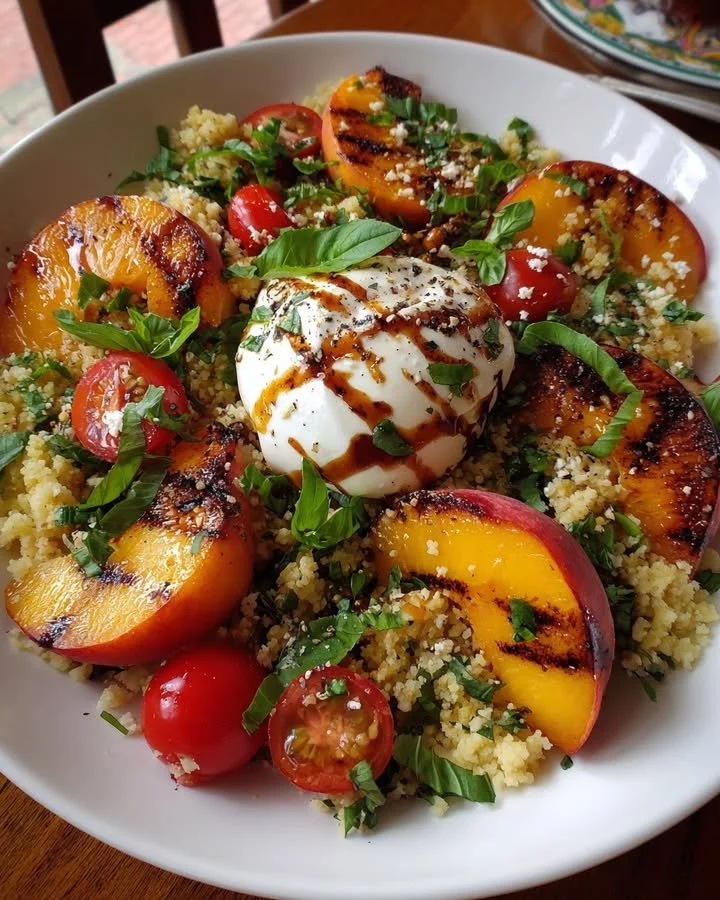 Grilled Peach & Burrata Cauliflower Rice Salad with vibrant colors and textures