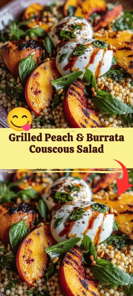 Delicious Grilled Peach & Burrata Couscous Salad with vibrant colors
