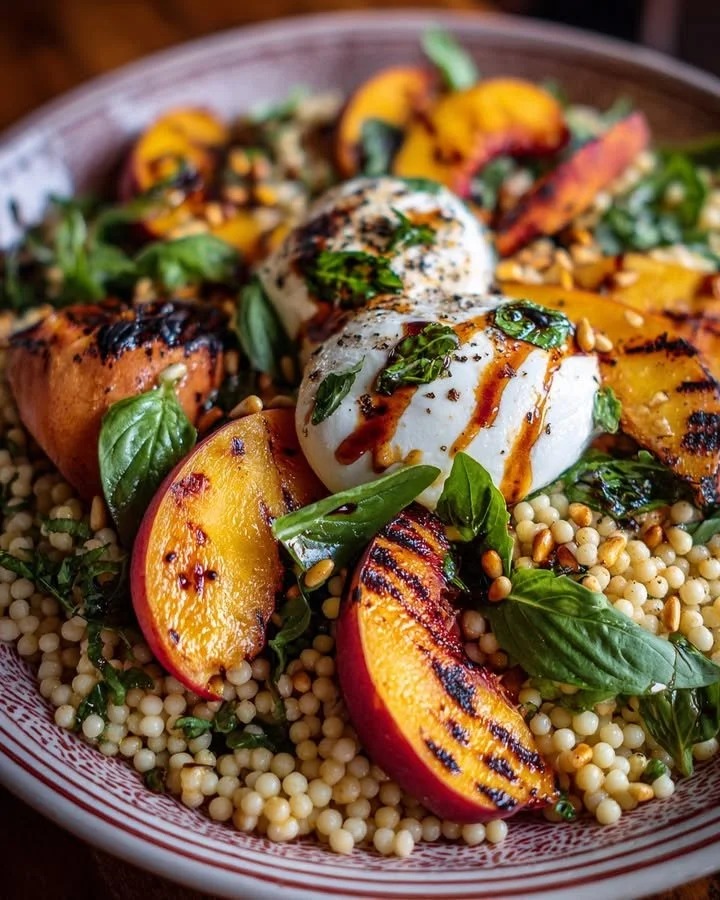 Grilled Peach Burrata Couscous Salad served on a white plate with fresh greens.