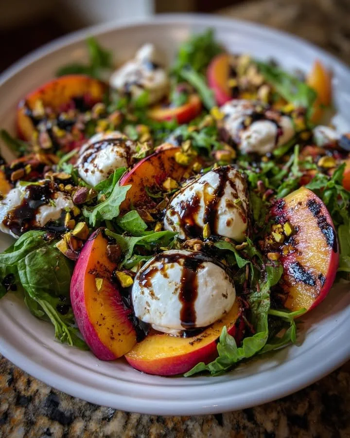 Grilled peach salad with burrata and fresh greens